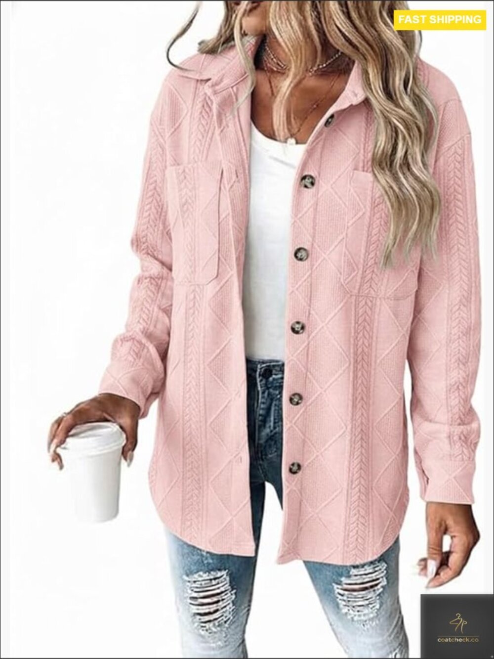 Oversized Shacket Jacket Button Down Cable Textured Long Sleeve Casual Loose Fit